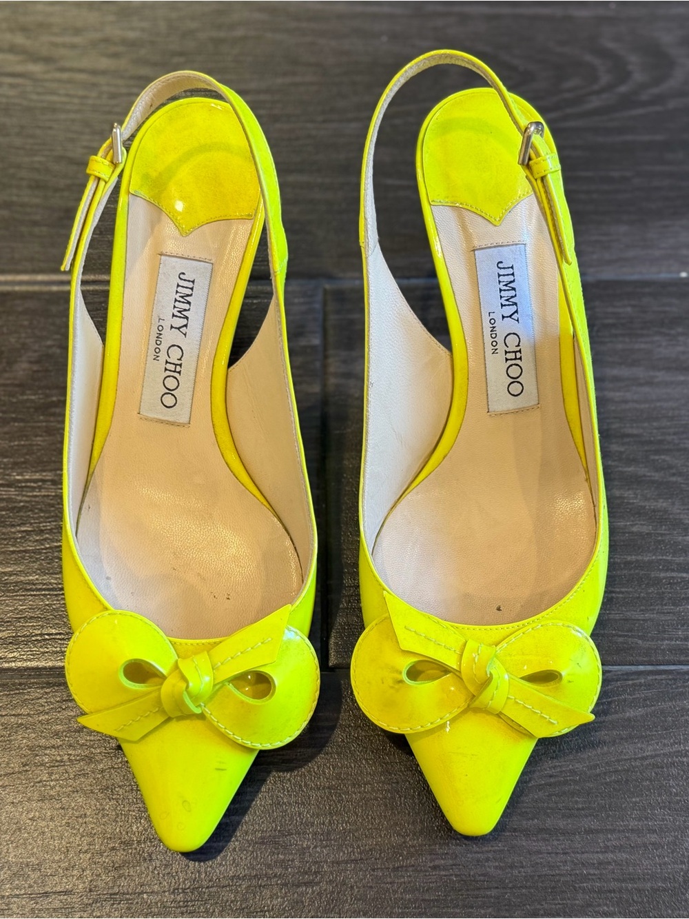 Jimmy Choo Neon Yellow Bow Pointed Slingback Pumps